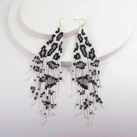 White Leopard Print Beaded Earrings