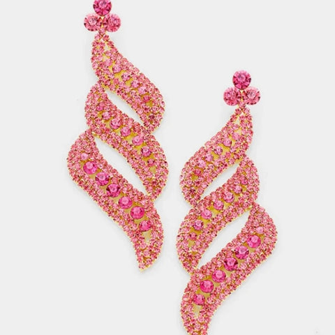 Long Pink Crystal Rhinestone Earrings