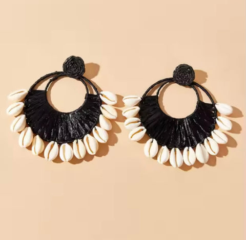 Black Bohemian Hand-Woven Shell Earrings Large