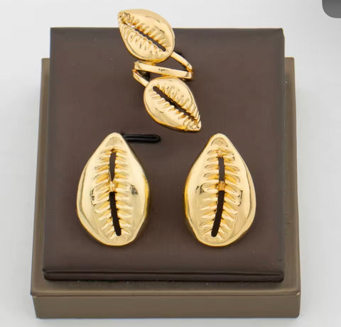 Gold Cowrie Shell Earring and Ring Set