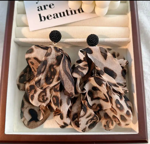 Leopard print fabric tassel earrings