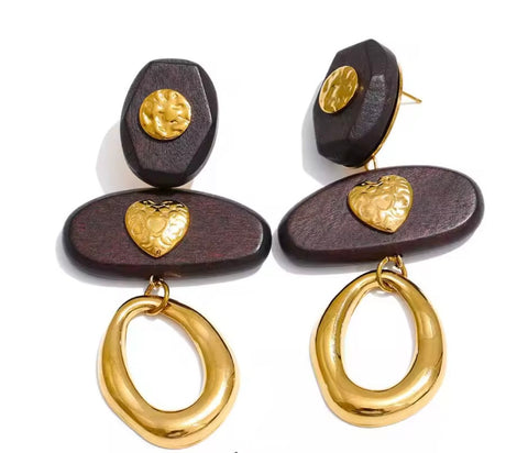 Wood Heart Drop Dangle Earrings