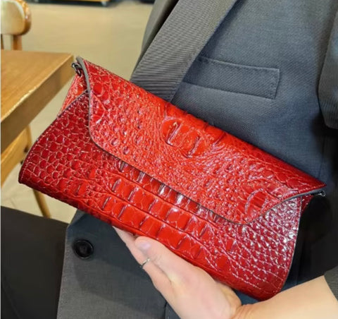 Red Leather Croc Style Envelope Clutch