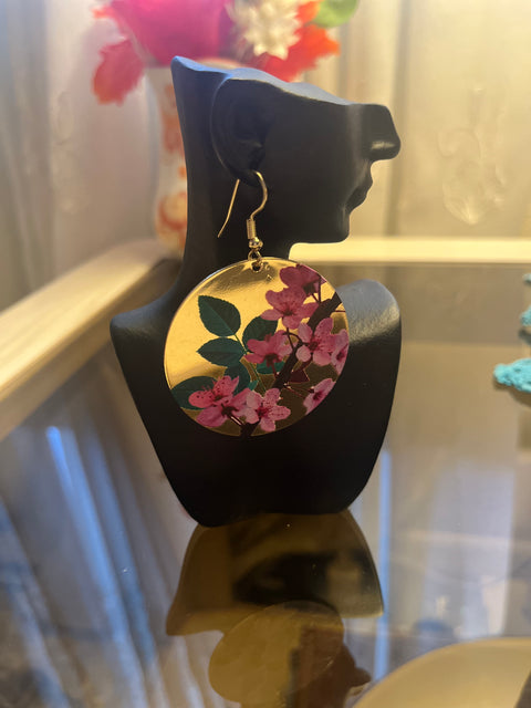 Pink Green and Gold Round Floral Earrings