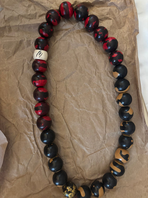 Men'S Red, Black, Light Tan & Bone Beaded Necklace