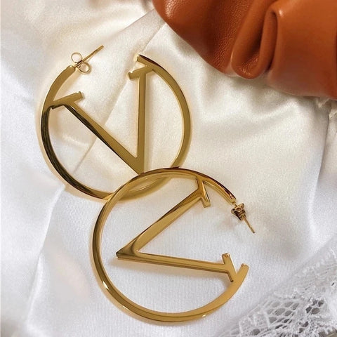 Gold V Letter Hoop Earrings