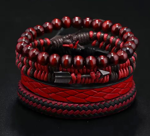 Retro Men's Leather Wooden Beaded Bracelet Set