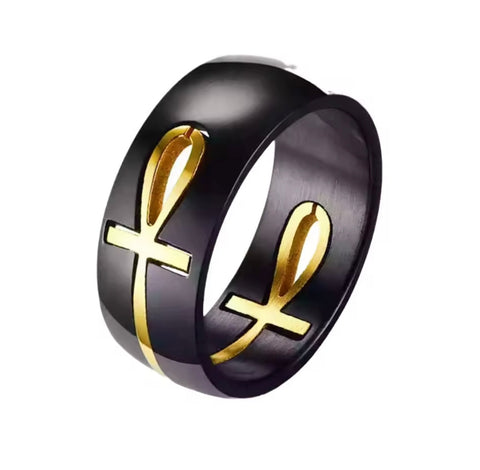 Black and Gold Stainless Steel Ankh Ring