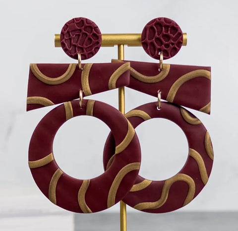 Handmade Burgundy and Gold Clay Earrings