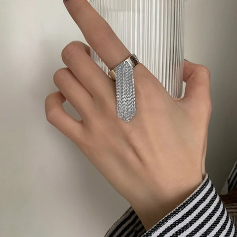 Silver tassel adjustable ring