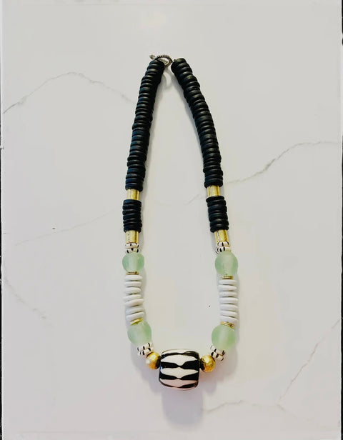 African Bone Bead Cylinder Pendant Necklace