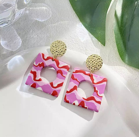 Square Pink and Gold Abstract Earring