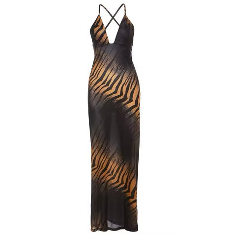 Tiger Stripe V Neck Halter Dress