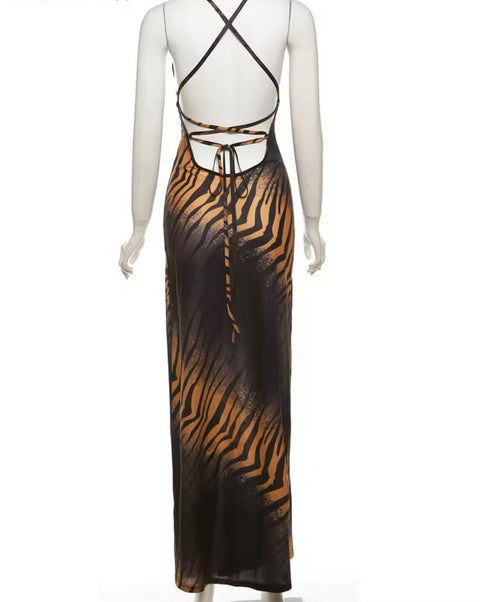 Tiger Stripe V Neck Halter Dress