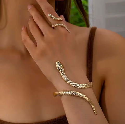 Gold Snake Cuff Bracelet and Ring Set