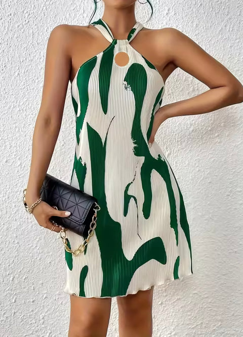Green and White Ribbed Sleeveless Dress
