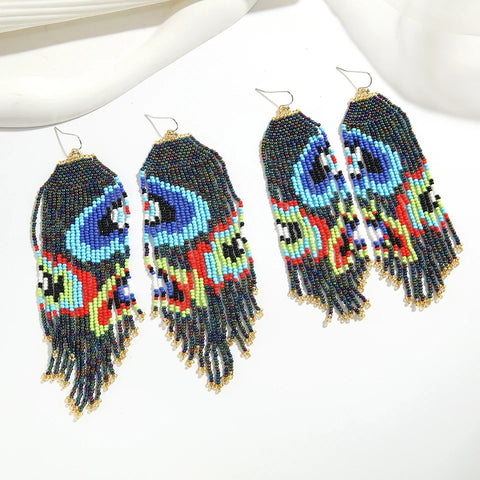 Peacock Beaded Long Tassel Earrings