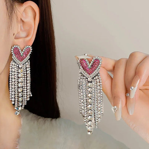 Pink Heart Rhinestone Drop Earrings