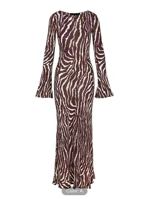 Zebra Print Long Sleeve Maxi Dress