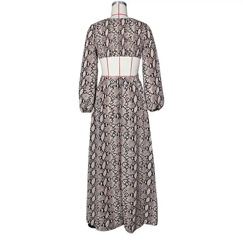 Long Sleeve V Neck Snakeskin Printed Maxi Dress